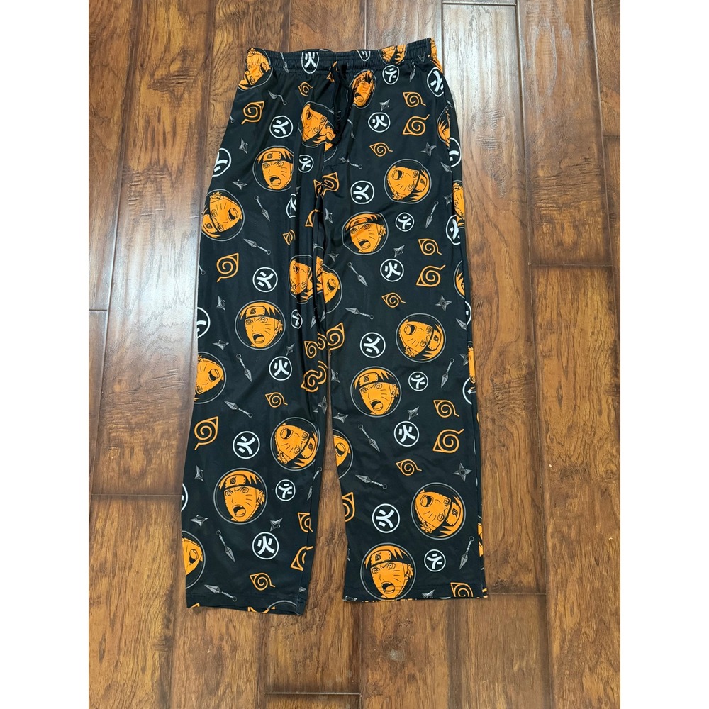 Naruto Shippuden Pajama Pants Mens Large Black Orange Anime Graphic Print Lounge